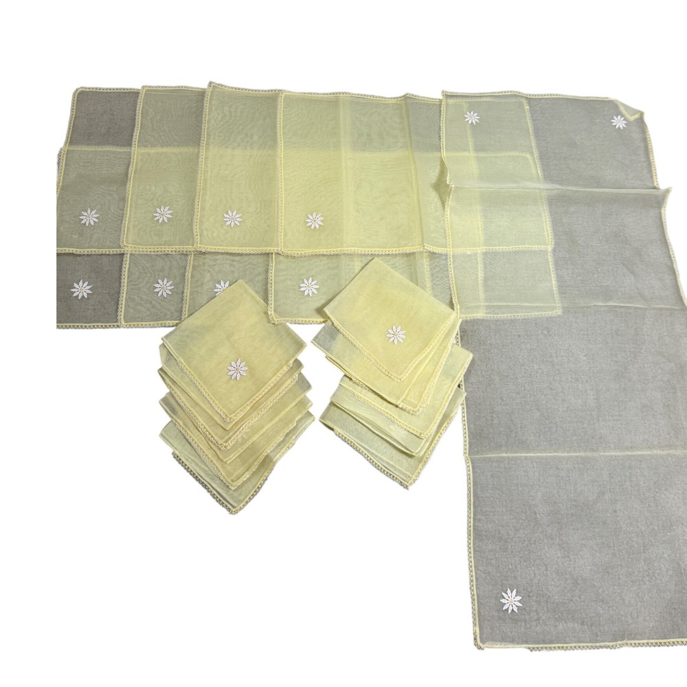 VTG Organza Soft Yellow‎ Daisy Linen Set for 8 Placemat, Napkins & Runner Sheer